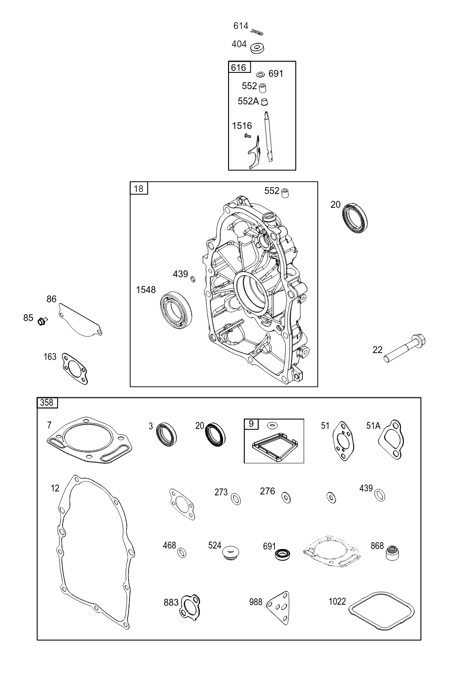Crankcase Cover/Sump Group Diagram and Parts List for 356447-0673-F1 200000 - 399999 Briggs and Stratton Engine